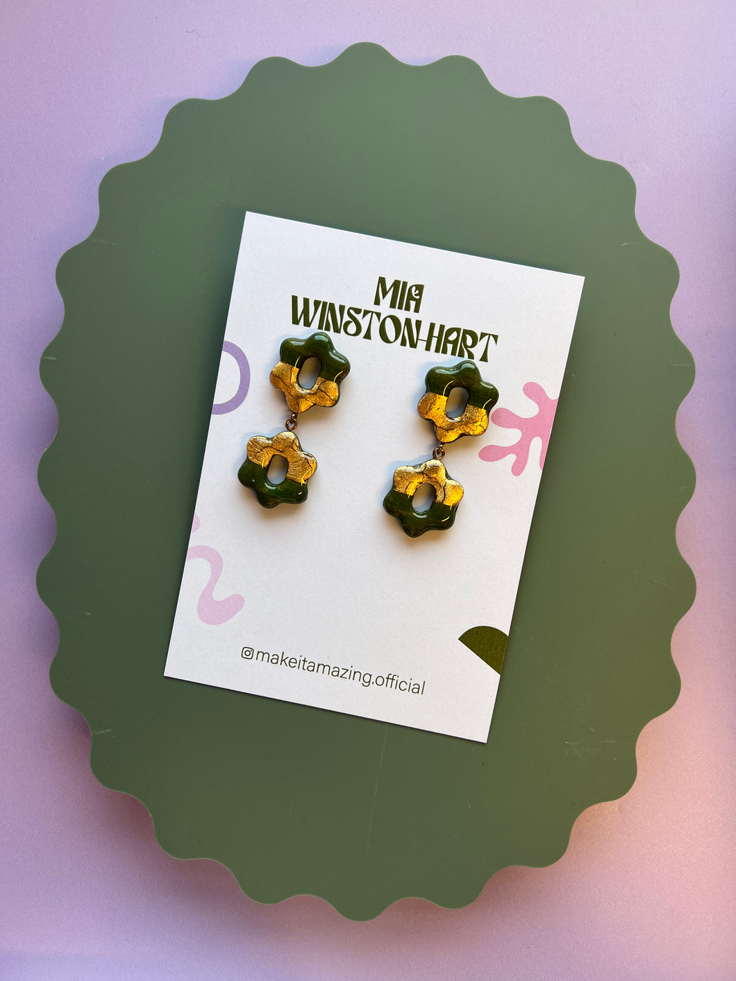 Green and gold flower drop earrings