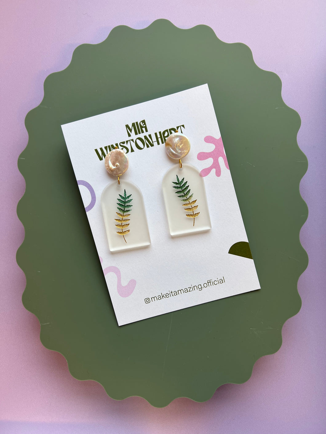 Pearl and fern drop earrings