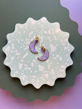 Load image into Gallery viewer, Lilac and pearl moon drop earrings
